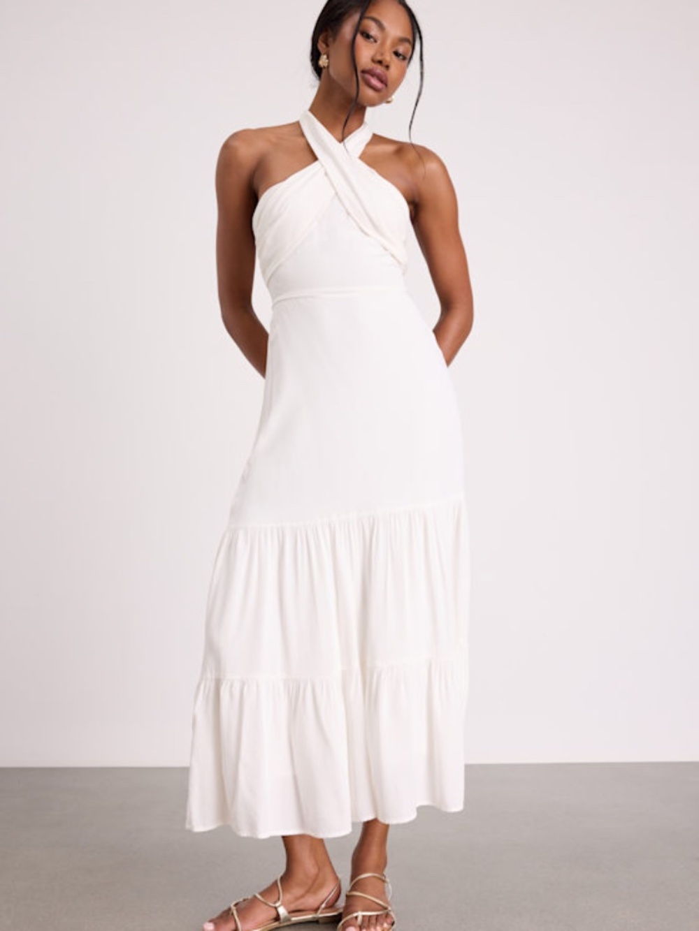 Lulus Always Eye-catching White Tiered Halter Midi Dress - Size L